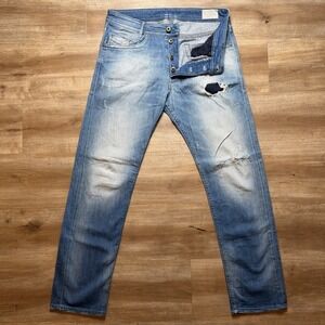 Diesel Jeans Men 31x30 Blue Akee Slim Tapered Leg Stretch Destroyed Wash 0854V